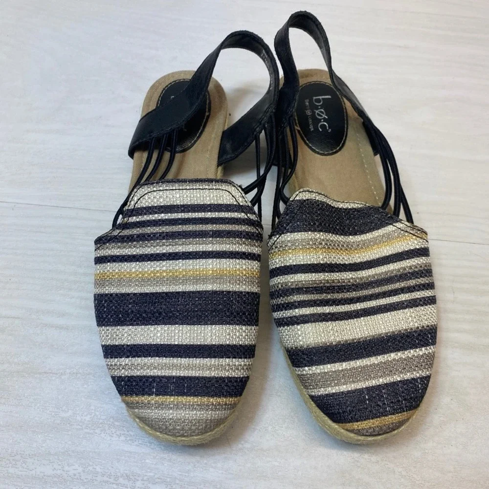 b.o.c. Womens 9 Espadrille Sandals Striped Black Fabric Jute Slingback Flats